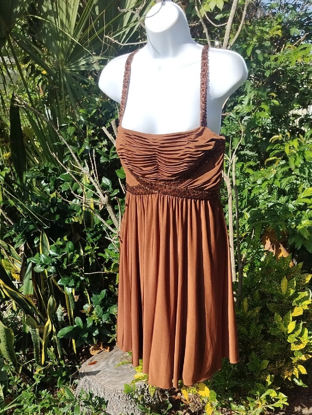Cache Brown Ruched Bodice Midi Dress